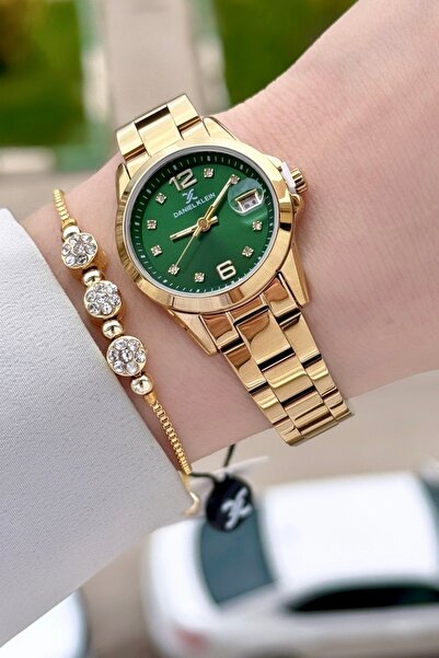 Daniel Klein Dial Green Cord Gold Color 28 mm Women Wristwatch and Bracelet