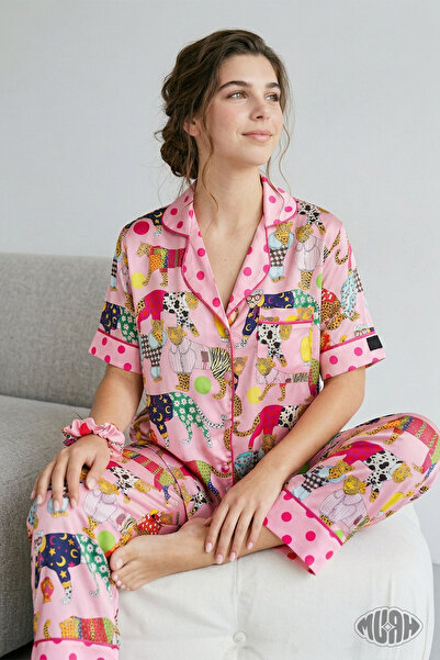 Muah Pink Leopard Women's Satin Pajama Set Leopard Printed Piece Short Sleeve...