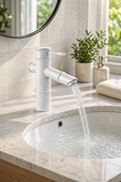 MİXSA Premium Bambu Beyaz Banyo Lavabo Bataryası Çeşmesi Musluğu Modern Musluk
