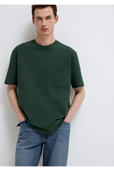 Mavi Cep Detaylı Yeşil Basic Tişört Loose Fit / Bol Rahat Kesim 066248-81570