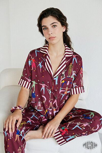 Muah Dance of Life Women's Satin Pajama Set with Human Figure Short Sleeve Bu...