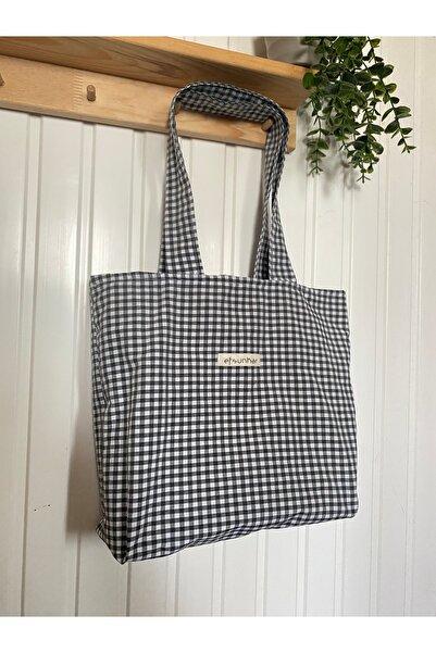efsunkar Siyah Beyaz Kareli Tote Bag - Üniversite & Günlük Kol Çantası