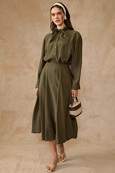 Olcay Φούστα πουκάμισο με γιακά φουλάρι, Σετ δύο τεμαχίων Modal, ΧΑΚΙ 9460-TK