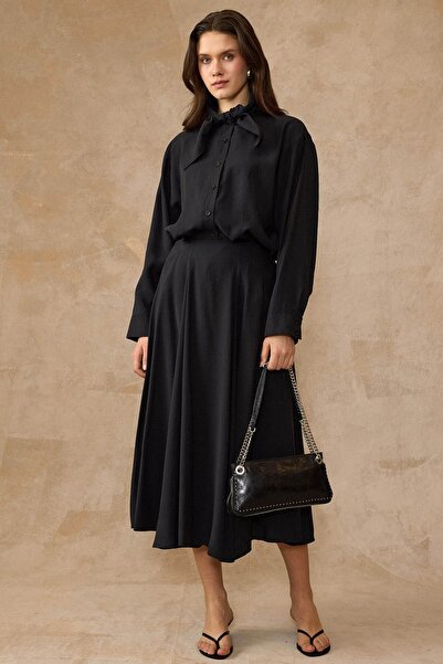 Olcay Φούστα πουκάμισο με γιακά φουλάρι Modal Διπλό Σετ ΜΑΥΡΟ 9460-TK