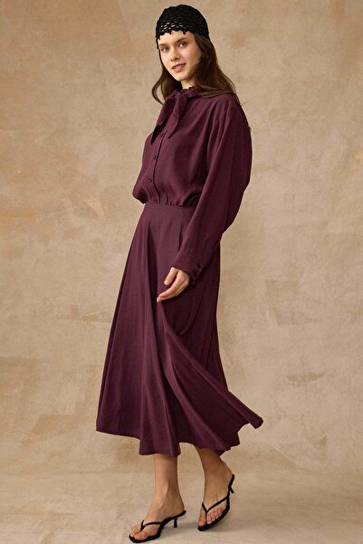 Olcay Φούστα πουκάμισο με γιακά φουλάρι, Σετ δύο τεμαχίων Modal, Βουργουνδία ...