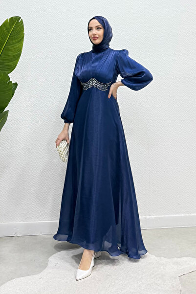 Tesettür Diyarı Μοσερά Τζαντζάν Υφασμάτινο Φόρεμα Τεσεττούρ με Πέτρες στη Μέσ...