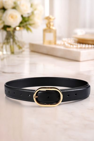 Asian Genuine Leather Gold Buckle Women's Black Belt