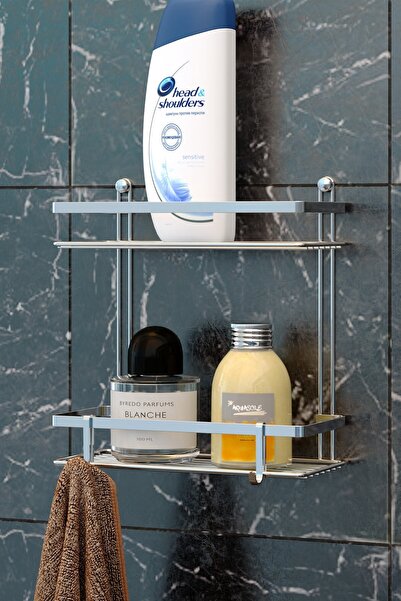 Teknotel Διώροφο ράφι μπάνιου με θήκη για σαμπουάν και γάντζους, χρώμιο ES067H