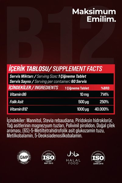 Grimsupps B12 Vitamin 1000 Mcg Chewable 60 Tablets – Strawberry Flavored with B6 and Folic Acid Support