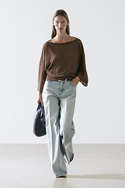 Massimo Dutti Keten geniş yaka triko t-shirt