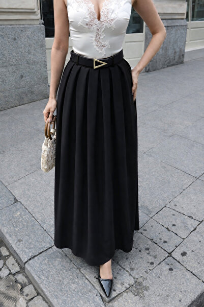 İLKCET MODA Μαύρη γυναικεία φούστα Premium από ύφασμα πολυβισκόν με ζώνη