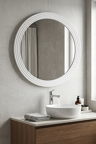 MONTESEV Zümrüt Beyaz Dekoratif Ayna Yuvarlak Ayna Işlemeli Ahşap Banyo Aynas...