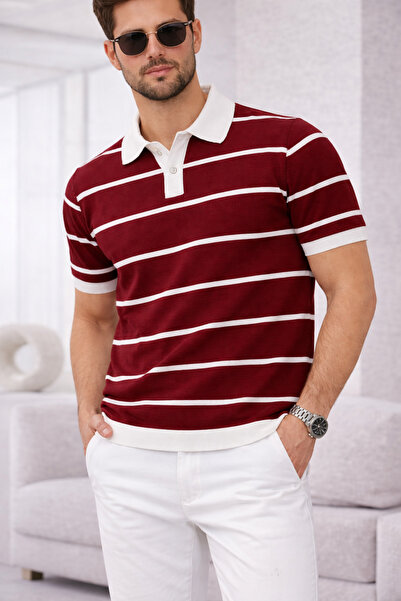 Woolvera Erkek Çizgili Polo Yaka T-Shirt Slim Fit Pamuklu Günlük Smart Casual