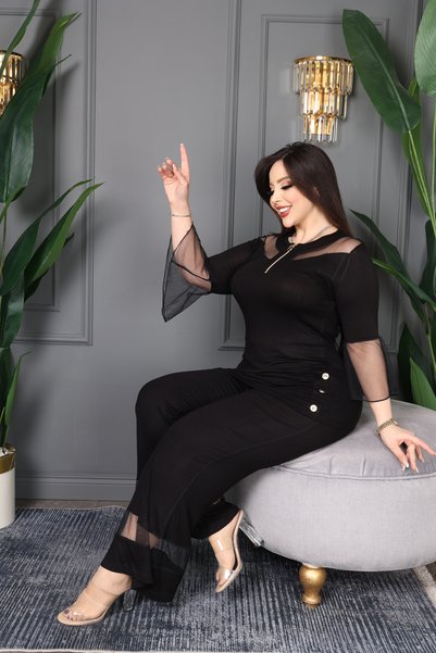 BONİTA FASHİON Women's Plus Size Tulle Detailed Gold Buttoned Zippered - Spanish Sleeve Tulle Garnished - Bottom Top Premium Set