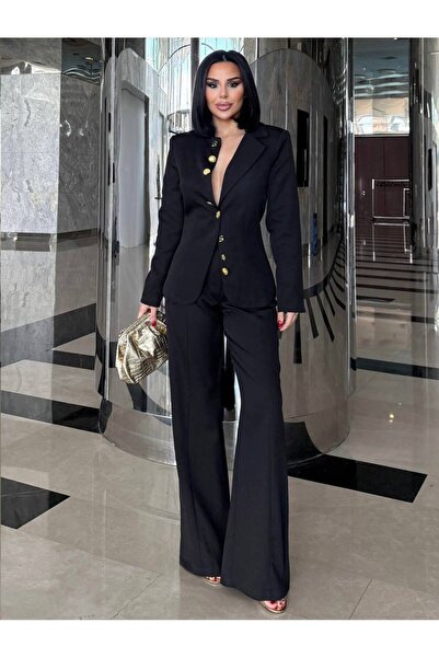 HARMONY GLOBAL Γυναικείο μαύρο σακάκι με χρυσά κουμπιά και ψηλόμεσο παντελόνι...