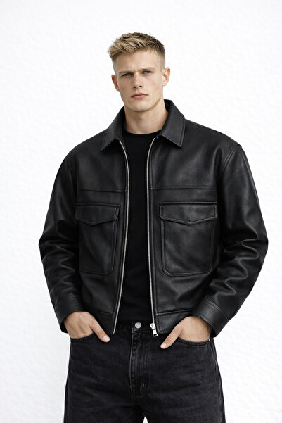 OHM OHEPMODA oversized Ανδρικό δερμάτινο μπουφάν με λεπτομέρεια τσέπης με άνε...