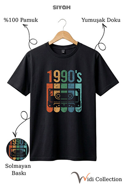 WİDİ Vintage ρετρό εμπριμέ κασέτα της δεκαετίας του 1990 100% βαμβακερό μαύρο...