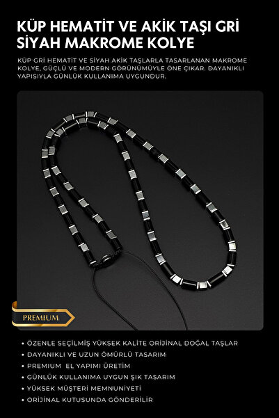 Seven Art Jewelry Doğal Taş Kolye, Gri Hematit ve Siyah Akik Taşı Kolye, Erke...