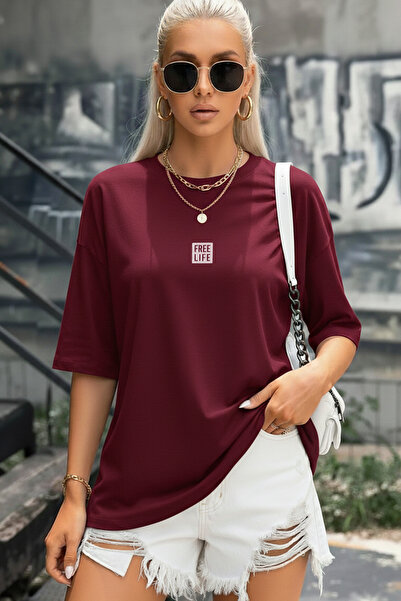 Teenage Millionaire Γυναικείο μπλουζάκι μπορντό Free Life Crew Neck Oversize ...