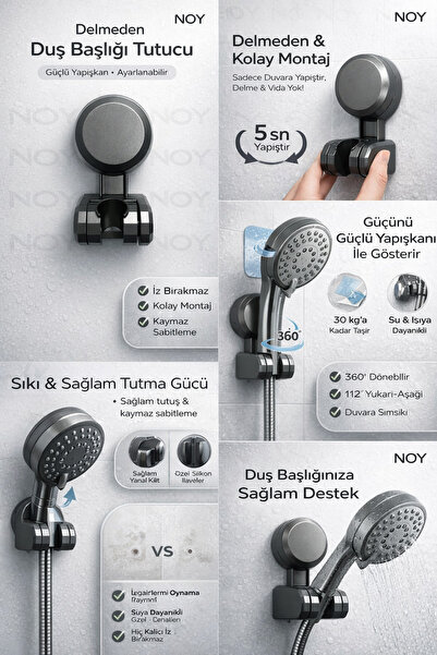 NOY Duş Başlığı Tutucu Yapışkanlı Su Geçirmez Ayarlanabilir Banyo Duvar Aparatı
