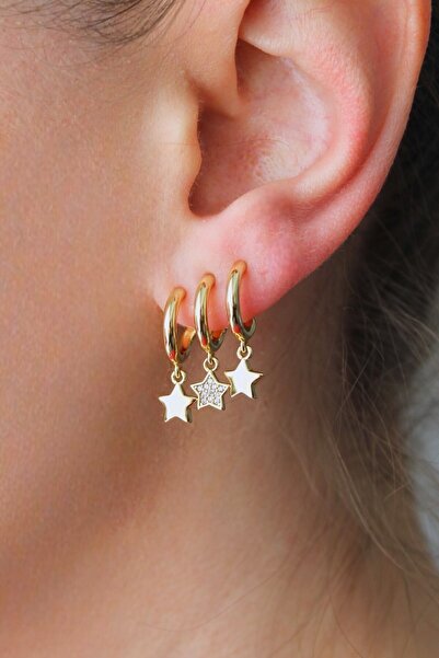 Nenya Vip Steel Triple Look Zircon Stone Detailed Star Earrings