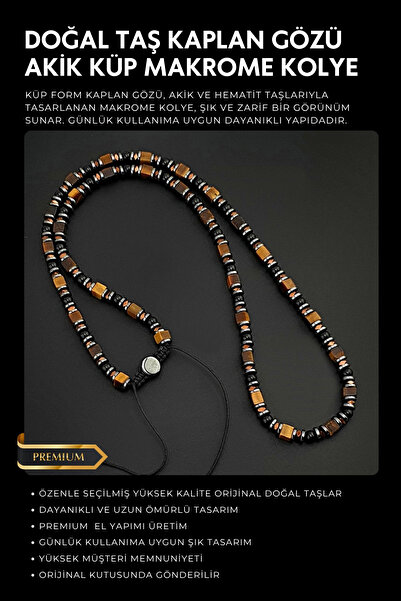 Seven Art Jewelry Doğal Taş Kolye, Küp Kaplan Gözü, Akik Taşı ve Hematit Taşı...