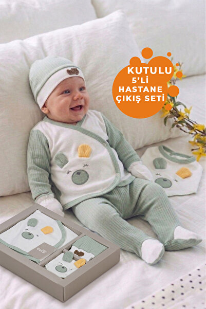 TURP BABY Pamuklu 3 Boyutlu Kulak Detaylı Kutulu 5'li Yenidoğan Hastane Çıkış...
