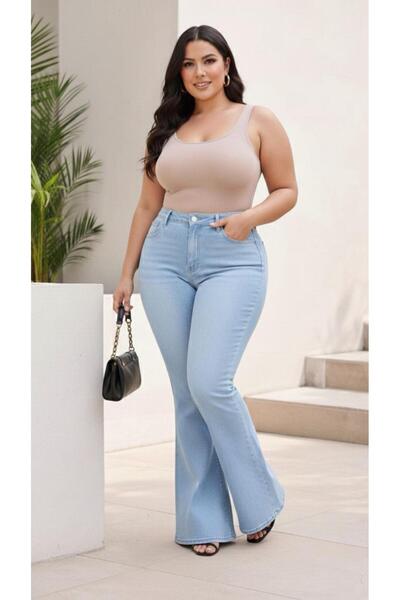FİVA JEANS يبرز انحناءات الجسم واسع الأرجل بنطال جينز مرن عالي الخصر مقاس كبي...