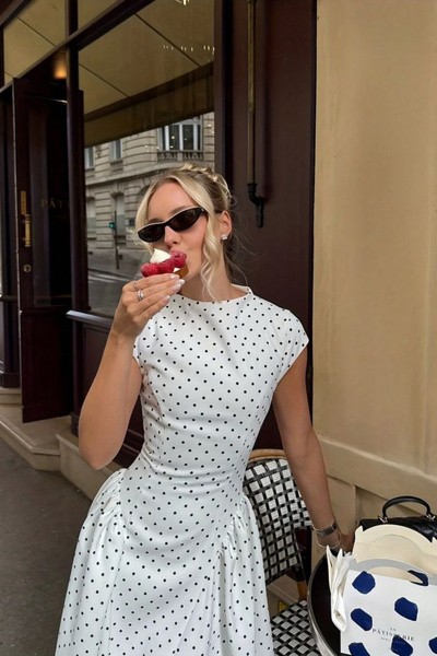 Hola Lady Krem Belden Bağlamalı Puantiyeli Elbise HL027