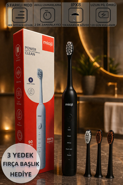 Mioji Oral B1 Şarj Edilebilir IPX8 5 Modlu Diş Fırçası Siyah + (3 Yedek Başlı...