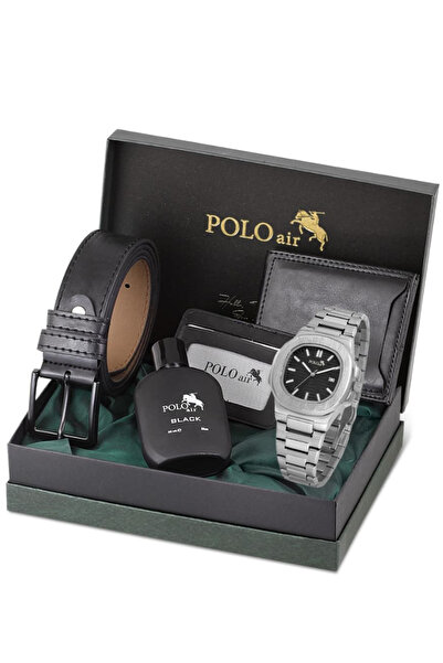 Polo Air Erkek Kol Saati Seti Cüzdan Kartlık Kemer Parfüm Kombin Siyah Renk K...