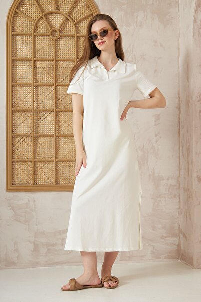 Yıldızistan Γυναικείο Λευκό άνοιγμα Ολόσωμο Φόρεμα Πόλο με Κοντό Μανίκι Μακρύ...