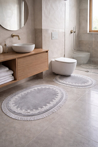 MK HOMETEKS Hafsa Model Oval Gri 2’li Peluş Banyo Paspas Takımı