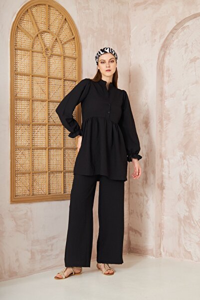 Yıldızistan Γυναικείο Μαύρο Σετ Τουνίκ Με σούρες με μανίκια μπαλόνι Gofre / Π...