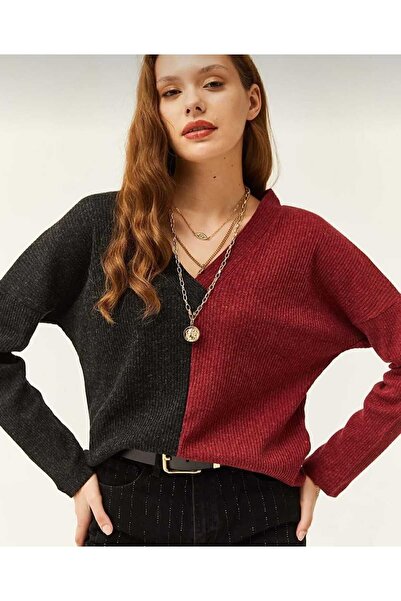 Pasaklı Giyim Γυναικείο μπορντό ανθρακί μακρυμάνικο πουλόβερ με λαιμόκοψη V σ...