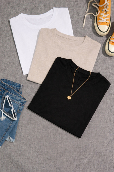 SANTAMİLA Σετ 3 τεμαχίων Μπεζ Λευκό Μαύρο Απλό T-shirt