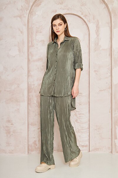 Yıldızistan Women's Khaki Lycra Wide Leg Elastic Waist Trousers Tunic Shirt D...