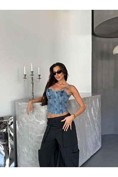 HerTon Γυναικείο τζιν μπουστιέ με κορδόνια μπροστά - Ασύμμετρο τζιν κορσέ τοπ