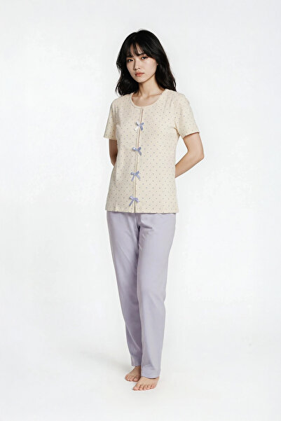 Ecrou Polka Dot Blue Satin Bow Pajama Set