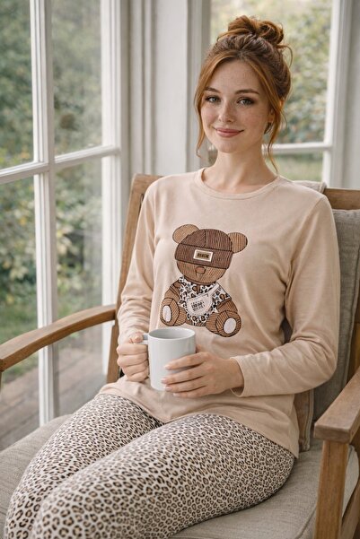 rindahomewear Γυναικείο σετ πιτζάμες με μακρυμάνικο μπλουζάκι με στάμπα αρκου...