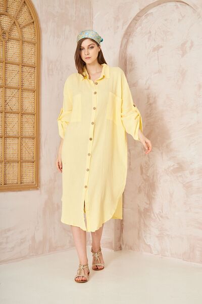 Yıldızistan Γυναικείο κίτρινο μουσελίνι εξαιρετικά φαρδύ φόρεμα πουκάμισο με ...