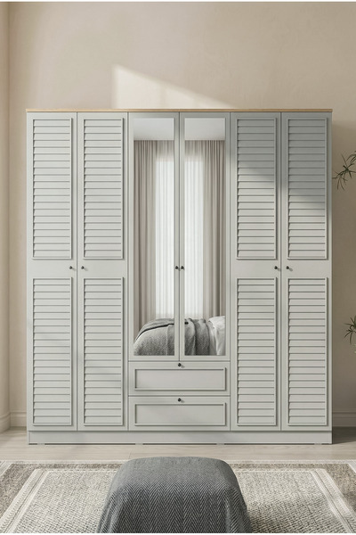SARMOBİ Taiga 6 Kapaklı 2 Çekmeceli Gardırop/Dolap 206x210x52 cm Buz Gri – Co...