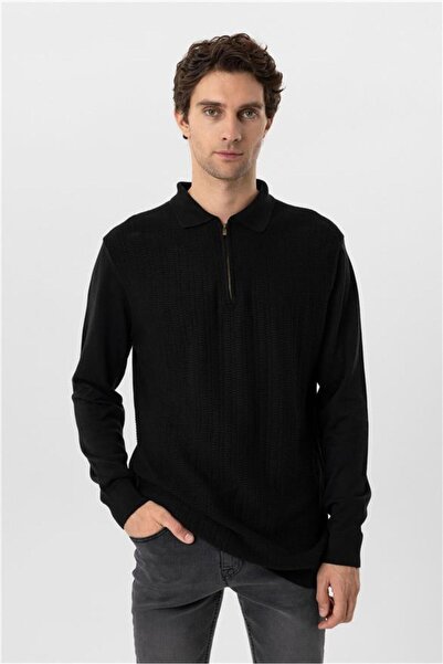 SÜVARİ Cavalry Comfortable Zippered Dobby Patterned Black Knitwear