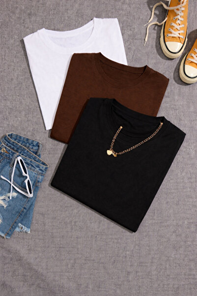 SANTAMİLA Σετ 3 τεμαχίων Καφέ Λευκό Μαύρο Απλό T-shirt