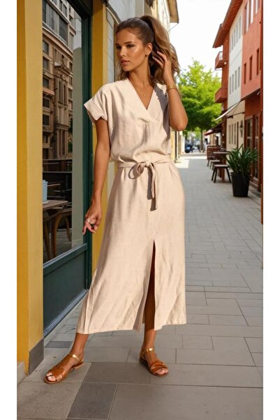 Pasaklı Giyim Γυναικείο Νέας Σεζόν Πέτρινο Μπεζ Λινό Ζώνη τεμαχίων Μακρυμάνικ...