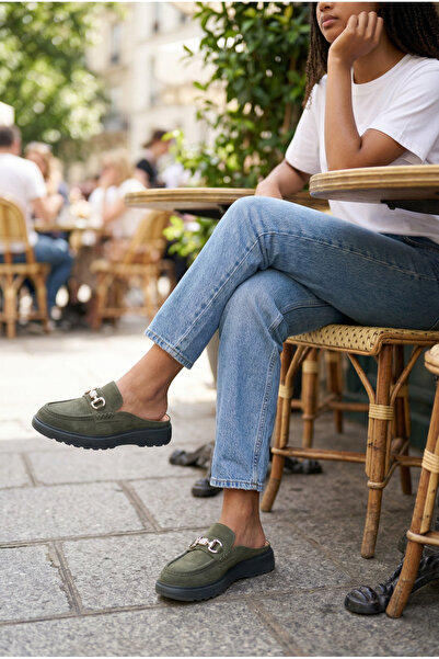 Oneka Shoes 130825 STT4321 شبشب سابو نسائي كاجوال بإبزيم من جلد الغزال الأخضر
