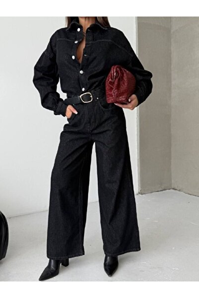 HerTon Μαύρη τζιν φόρμα με κουμπιά και φαρδιά μπατζάκια για γυναίκες