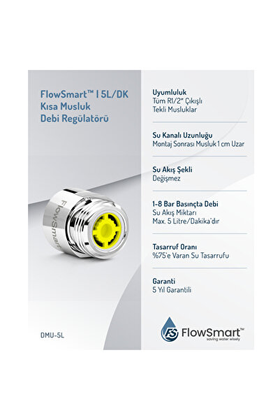 FlowSmart™ Kısa Musluk Debi Regulatörü 5L/Dak. | G1/2" (Yarım Parmak ≈ 22 mm) Dişli Bağlantı