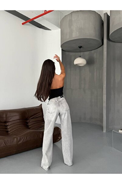 HerTon Γκρι πλυμένο τζιν παντελόνι με ψηλή μέση και φαρδιά μπατζάκια, γυναικε...