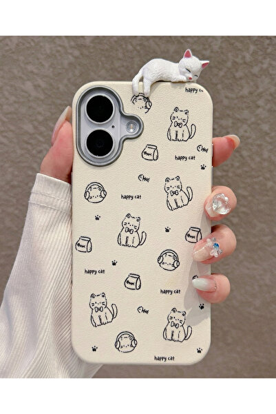 iPhone 16 3D Sleeping Cat Patterned Happy Cat Silicone Phone Case